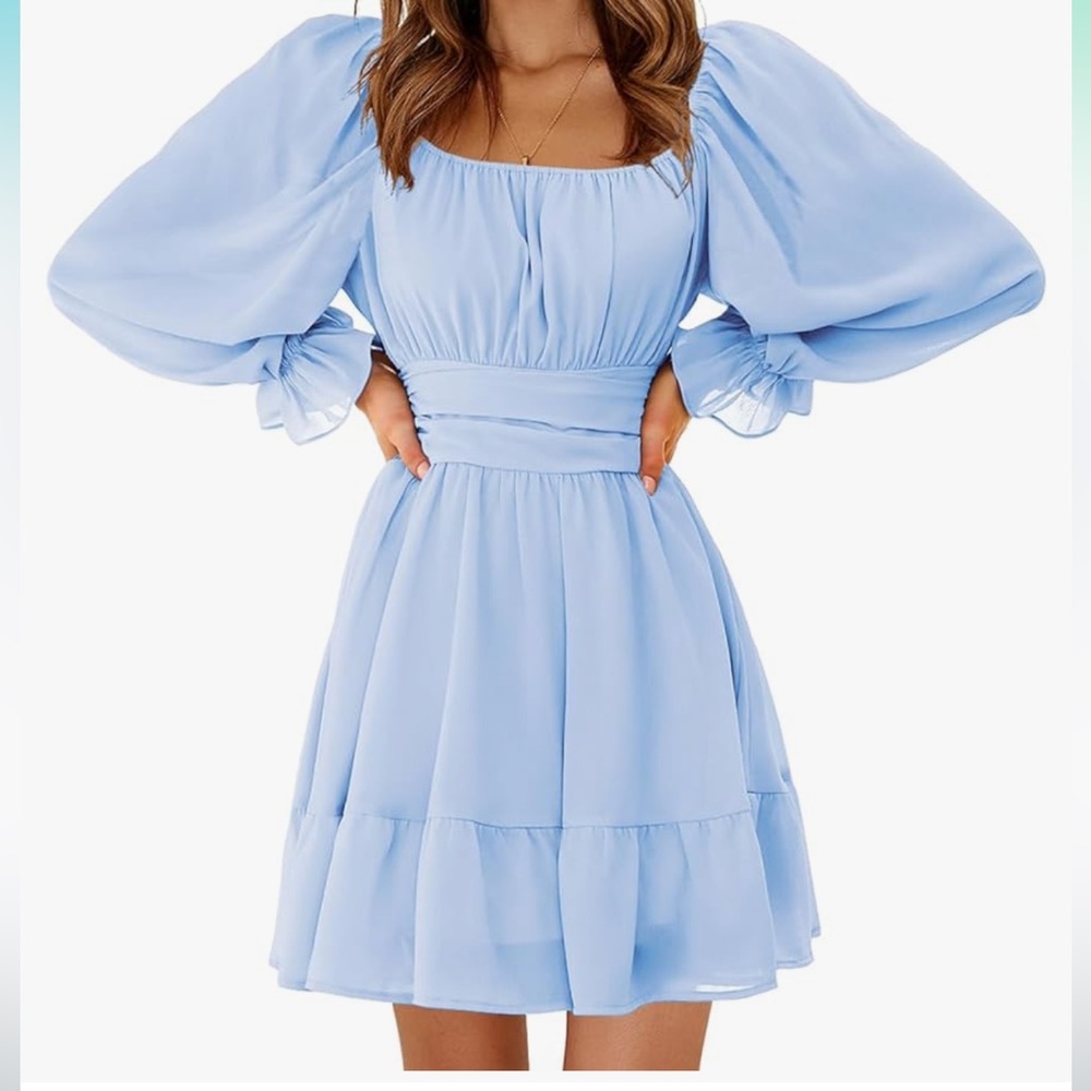 EXLURA Women's Casual Long Sleeve Dresses Square Neck Ruffle Tie Back Dress